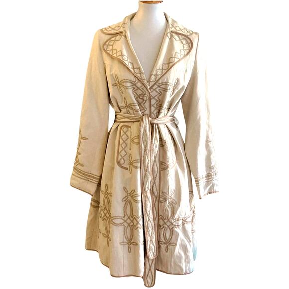 BIYA Collection Silk Linen Blend Embroidered Belted Coat Jacket Size S - Picture 6 of 9